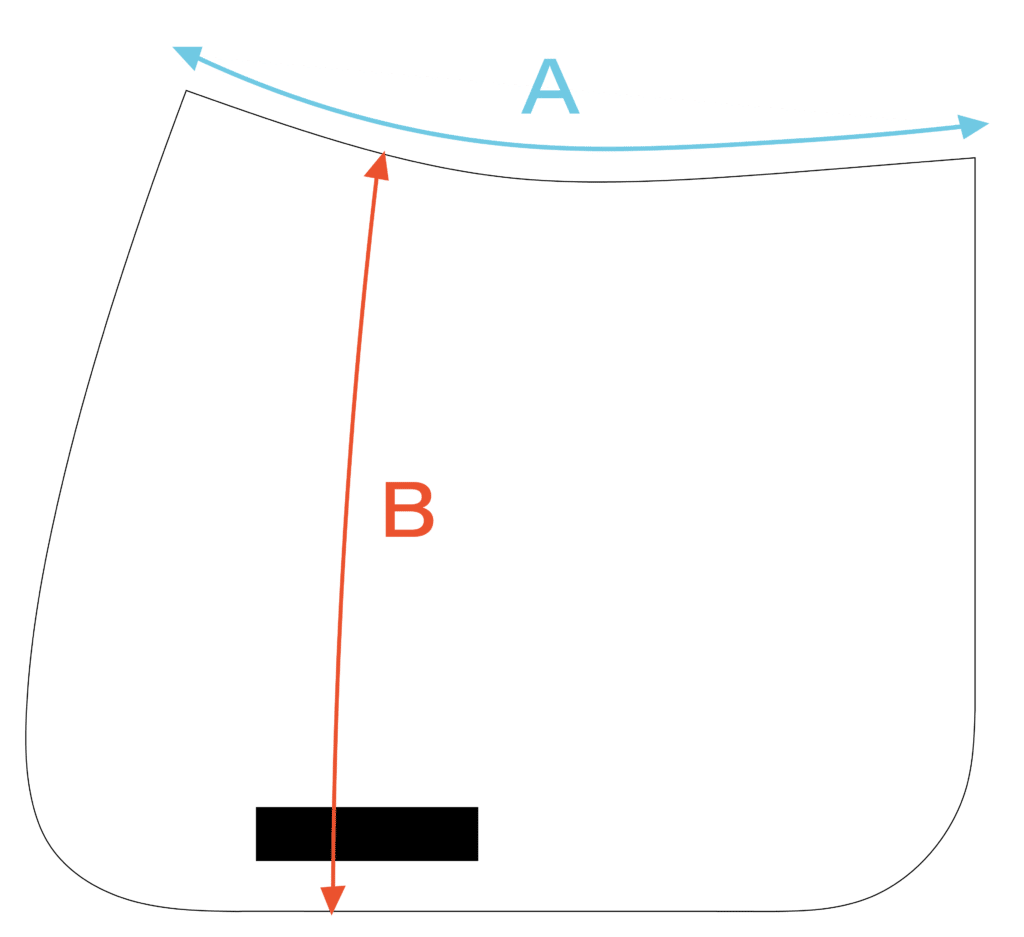 Diagram illustrating the size guide for HorsePrint riding pads, with A and B dimensions clearly identified.