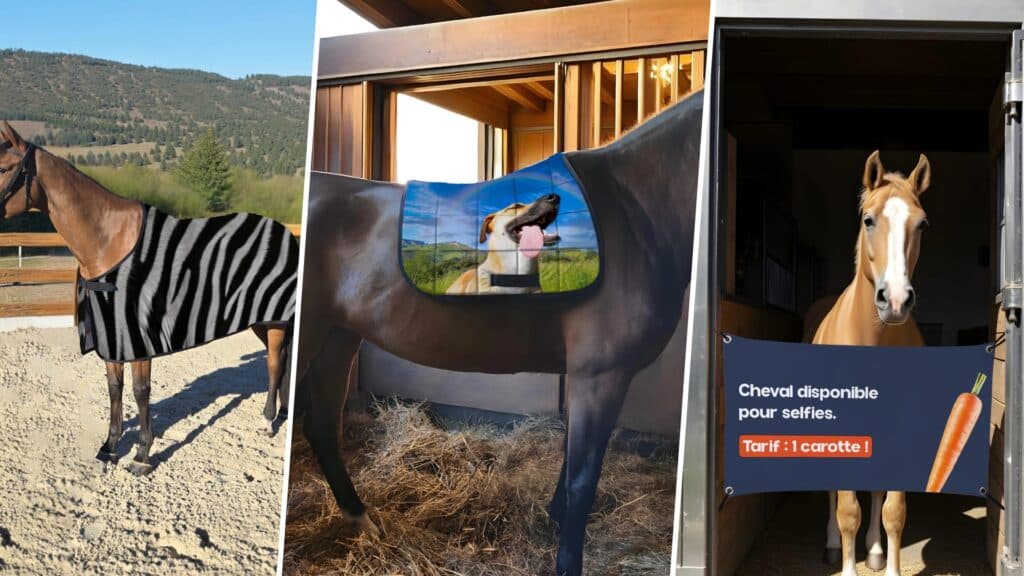 Three customizable equestrian pieces from HorsePrint: zebra blanket, dog rug, and humorous stall door.